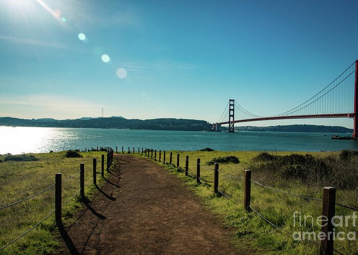 Bridge Greeting Card featuring the photograph Lonely path with the golden gate bridge in the background by Amanda Mohler