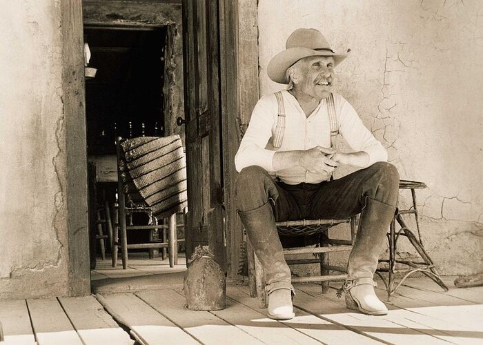 Old West Poster Greeting Card featuring the photograph Lonesome Dove Gus On Porch by Peter Nowell