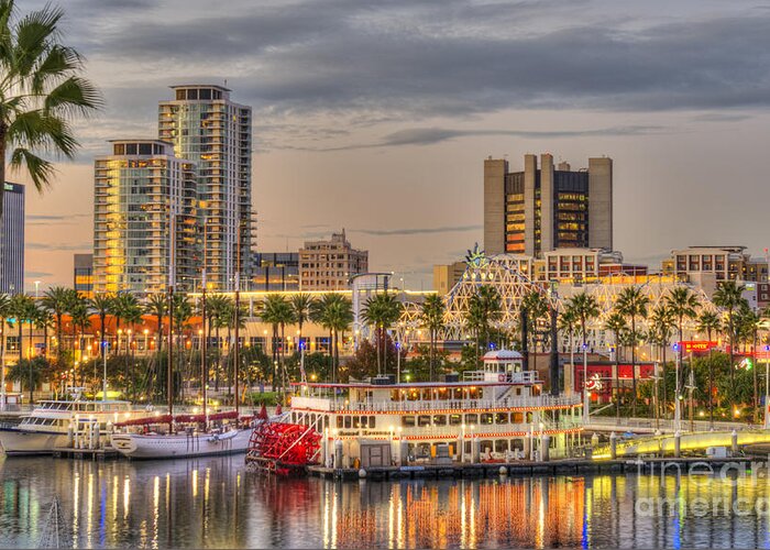 Shoreline Village Greeting Card featuring the photograph Long Beach Cityscape Sunset by David Zanzinger