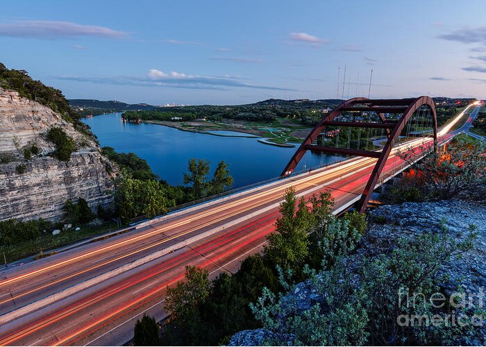 Percy Greeting Card featuring the photograph Long Exposure View of Pennybacker Bridge over Lake Austin at Twilight - Austin Texas Hill Country by Silvio Ligutti