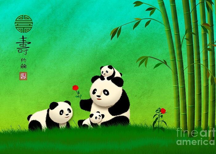 Panda Bear Greeting Card featuring the digital art Longevity Panda Family Asian Art by John Wills