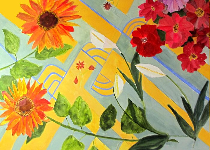 Flower Greeting Card featuring the painting Looking Down on the Flowers on the Tile Floor by Sandy McIntire