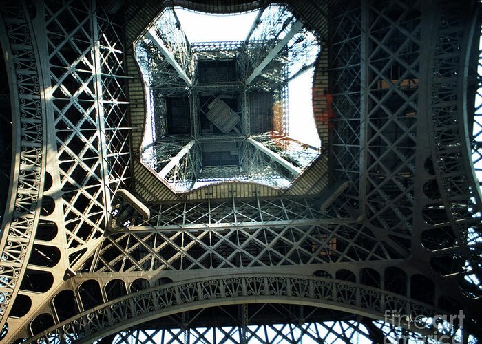 Looking Up Greeting Card featuring the photograph Looking up from the center under the Eiffel Tower, Paris 1978 by Monterey County Historical Society