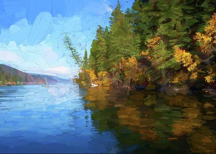 Photopainting Greeting Card featuring the photograph Loon Lake Autumn Oil Painting by Allan Van Gasbeck