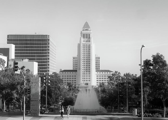 Los Angeles Greeting Card featuring the photograph Los Angeles City Hall - Black and White monochrome by Ram Vasudev