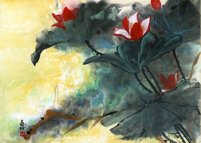 Lotus Greeting Card featuring the painting Lotus Dreams by Charlene Fuhrman-Schulz