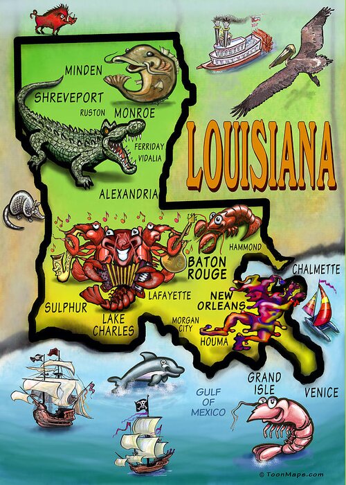 Louisiana Greeting Card featuring the digital art Louisiana Cartoon Map by Kevin Middleton