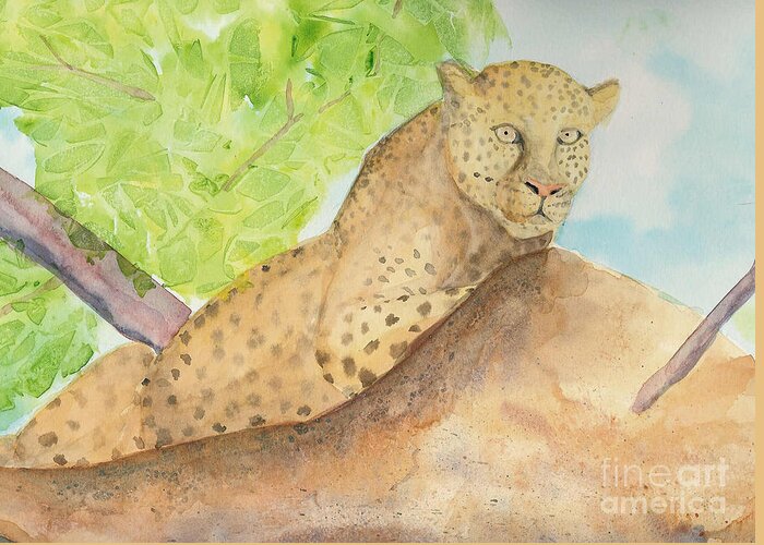Leopard Greeting Card featuring the painting Lounging Leopard by Vicki Housel