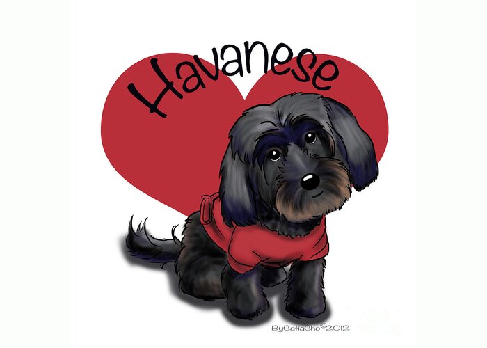 Lovable Greeting Card featuring the mixed media Lovable black Havanese by Catia Lee