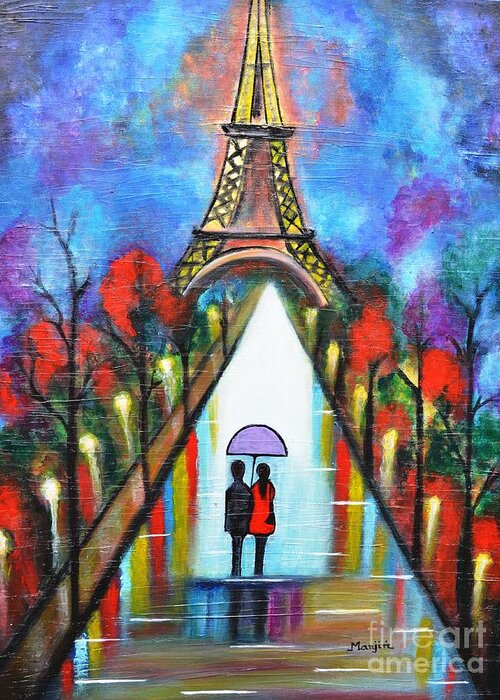 Paris Greeting Card featuring the painting Love in Paris Romantic painting giftart by Manjiri Kanvinde