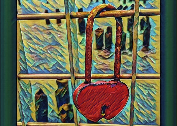 Lock Greeting Card featuring the mixed media Love locked on the Hudson by Bruce Carpenter