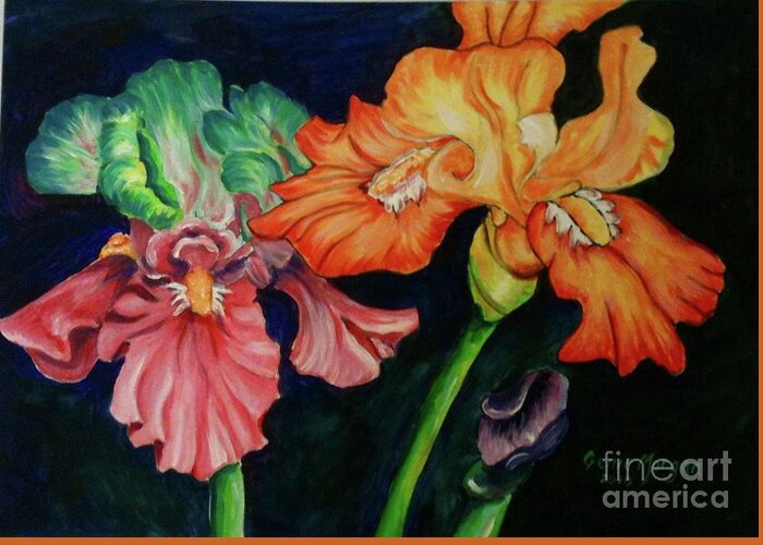 Flowers Greeting Card featuring the painting Lovely Irises by Genie Morgan