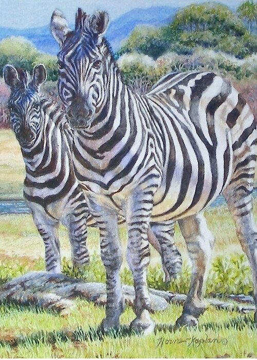 Zebras Greeting Card featuring the painting Lucky Stripes by Denise Horne-Kaplan