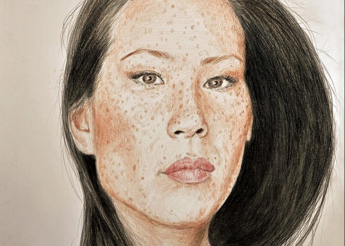 Lucy Liu Greeting Card featuring the drawing Lucy Liu Freckled Beauty by Jim Fitzpatrick