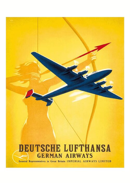 Deutsche Greeting Card featuring the digital art Lufthansa German Airways Archer Vintage Travel Poster by Willy Hanke by Retro Graphics