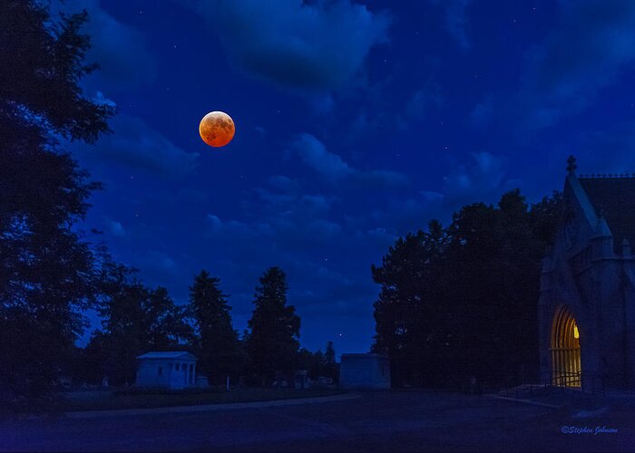 Lunar Eclipse Greeting Card featuring the photograph Lunar Eclipse at the Ivy Chapel by Stephen Johnson