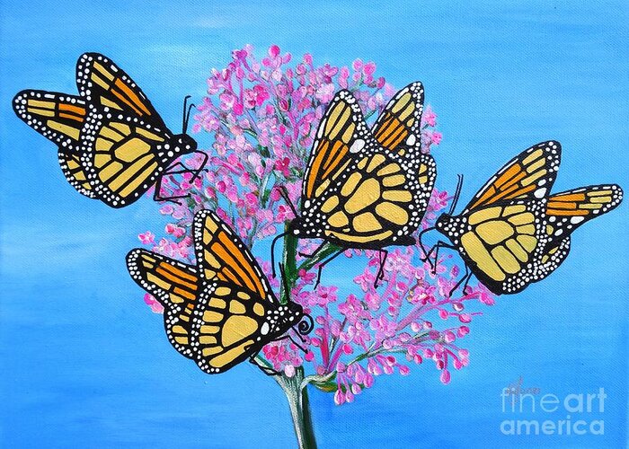 Monarch Butterflies Greeting Card featuring the painting Butterfly Feeding Frenzy by Karen Jane Jones