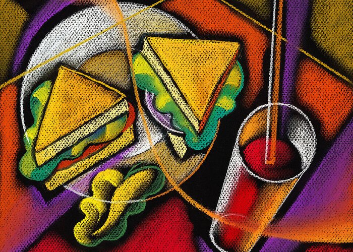 Bowl Close Up Color Image Concept Convenience Dinner Food And Drink Fork Grape Hamburger Illustration Illustration And Painting Lunch Macaroni Macaroni And Cheese Nobody Sandwich Square Image Still Life Variety Assortment Bread Close-up Color Colour Cutlery Drawing Food Fruit Ground Beef Meal Mince Pasta Square Still-life Abstract Painting Decorative Art Greeting Card featuring the painting Lunch by Leon Zernitsky