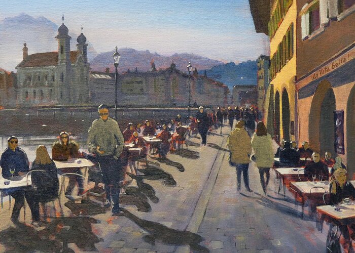 Switzerland Greeting Card featuring the painting Lunchtime in Luzern by David Gilmore