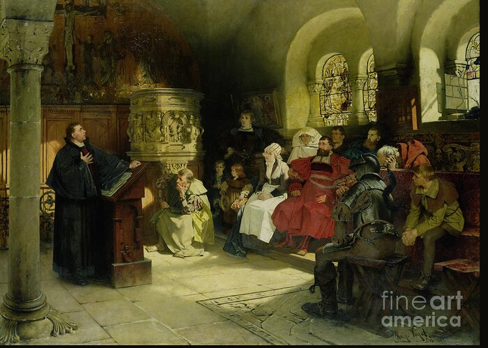 Vogel Greeting Card featuring the painting Luther Preaches using his Bible Translation while Imprisoned at Wartburg by Hugo Vogel