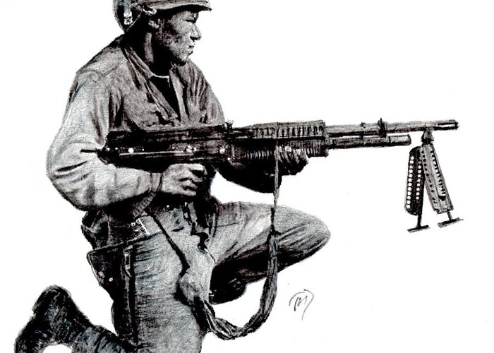 M-60 Machine Gun Greeting Card featuring the painting M-60 by Joe Dagher