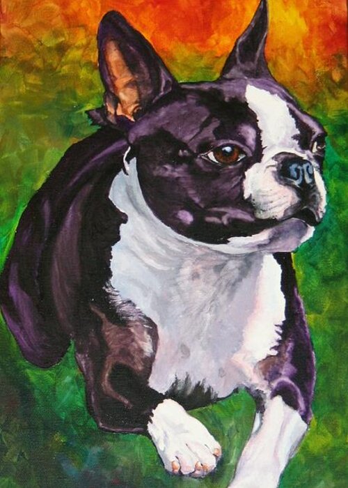 Boston Terrier Greeting Card featuring the painting Mach Ellie by Susan Herber