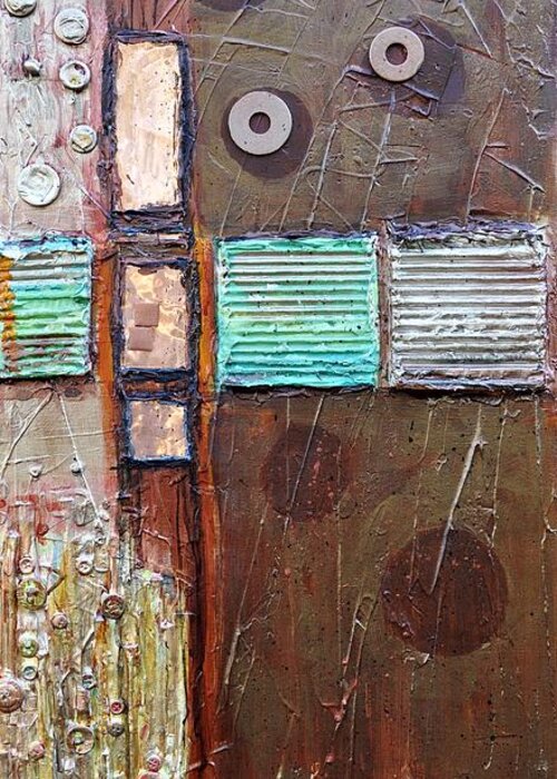 Abstract Collage Greeting Card featuring the painting Machine Shop 1 by Ginger Concepcion