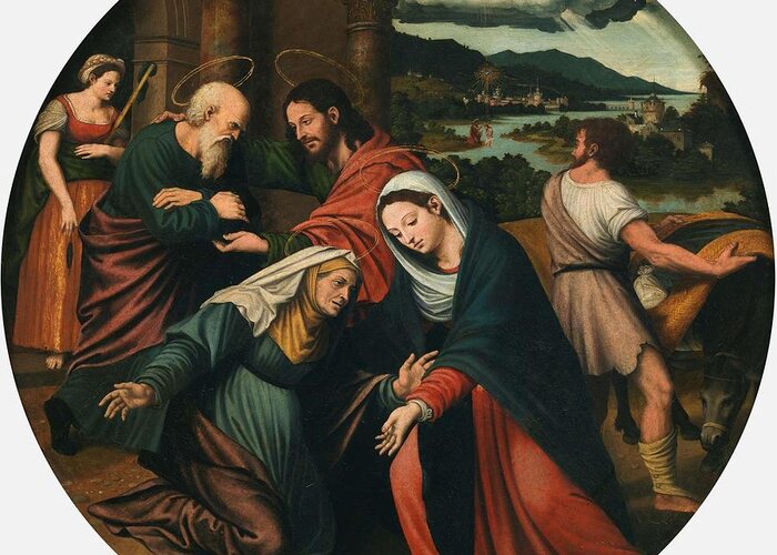 Girl Greeting Card featuring the painting MACIP, VICENTE Valencia, 1473 - Valencia, 1551 The Visitation 1540 - 1545 by Macip