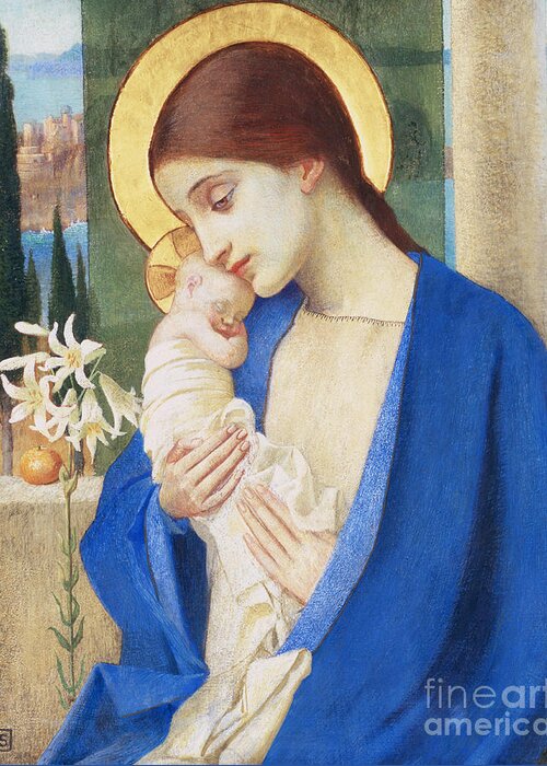 Virgin Mary; Infant Christ; Jesus; Halo Greeting Card featuring the painting Madonna and Child by Marianne Stokes