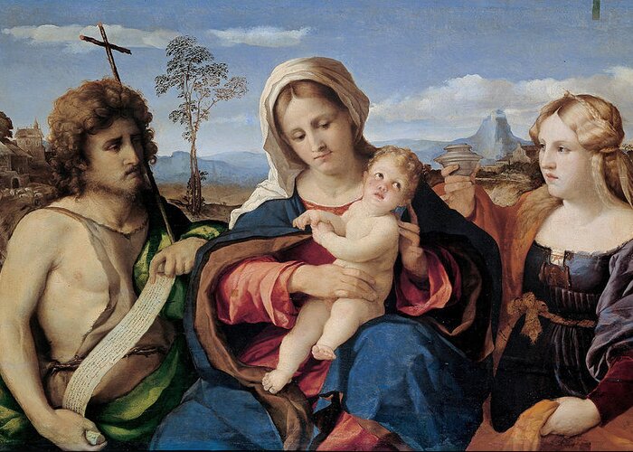 Palma Vecchio Greeting Card featuring the painting Madonna and Child with Saint John the Baptist and Magdalene by Palma Vecchio