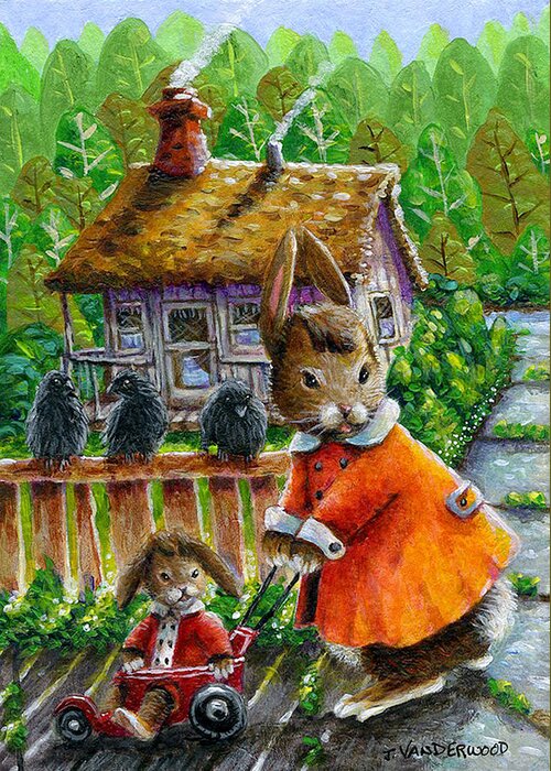 Rabbits Greeting Card featuring the painting Mae Rabbit's Stroller Time by Jacquelin L Westerman