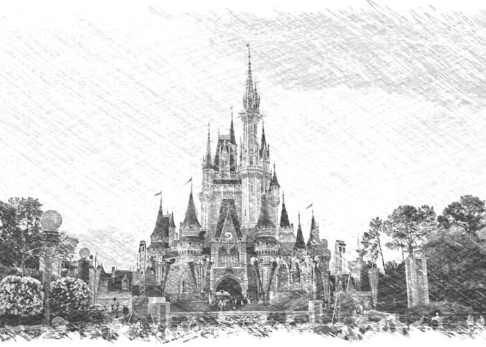 Castle Greeting Card featuring the mixed media Magic Kingdom Castle In Black And White PA 01 by Thomas Woolworth