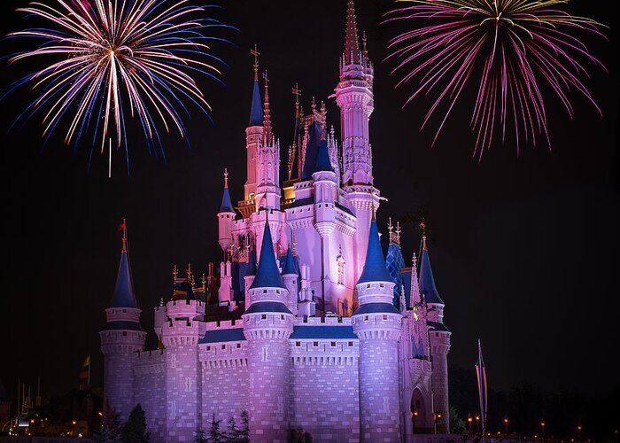 Disney Greeting Card featuring the photograph Magic Kingdom Castle under Fireworks Square by Chris Bordeleau