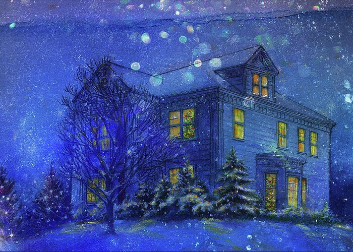 Twinkling Snowscape Greeting Card featuring the painting Magical Blue Nocturne Home Sweet Home by Judith Cheng