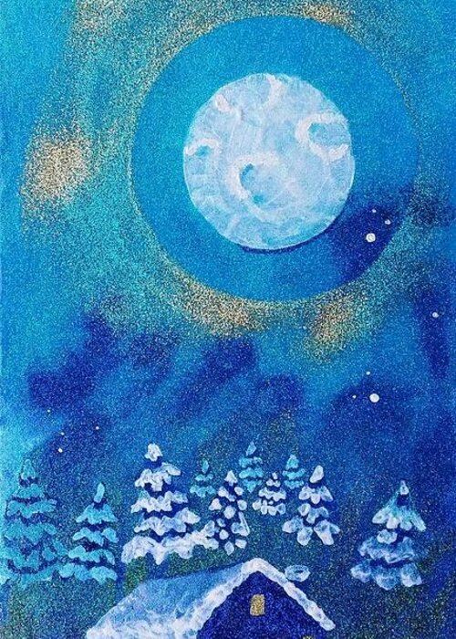 Folk Art Greeting Card featuring the painting Magical Night at the Cabin by Corey Habbas