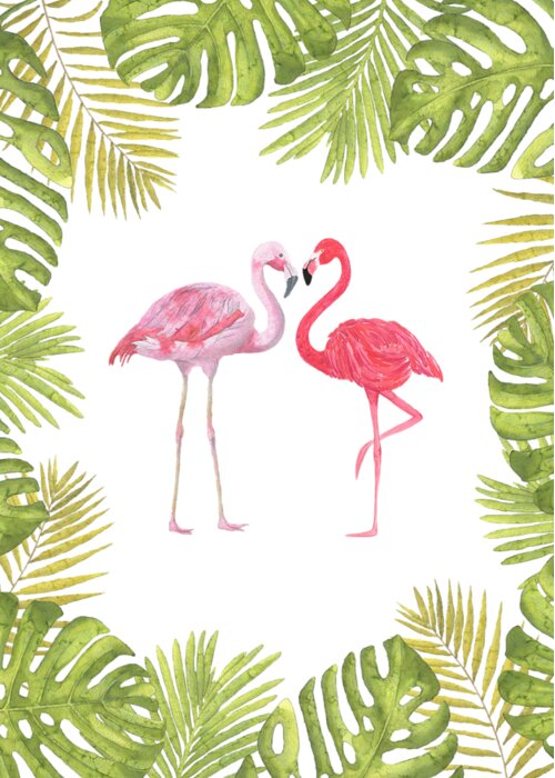 Palm Leaves Greeting Card featuring the painting Magical Tropicana Love Flamingos and Leaves by Georgeta Blanaru