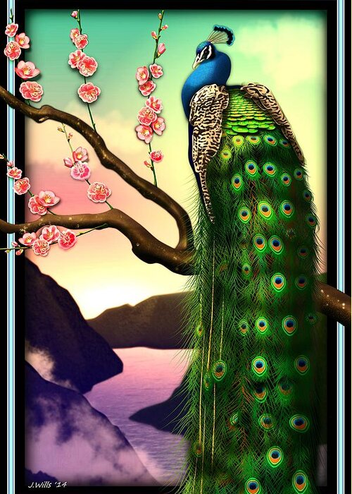 Male Peacock Greeting Card featuring the digital art Magnificent Peacock on Plum Tree in Blossom by John Wills