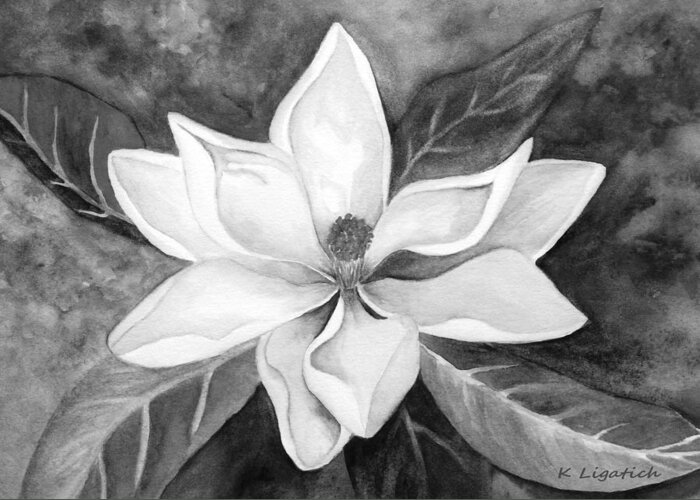 Magnolia Greeting Card featuring the digital art Magnolia in Black and White by Kerri Ligatich