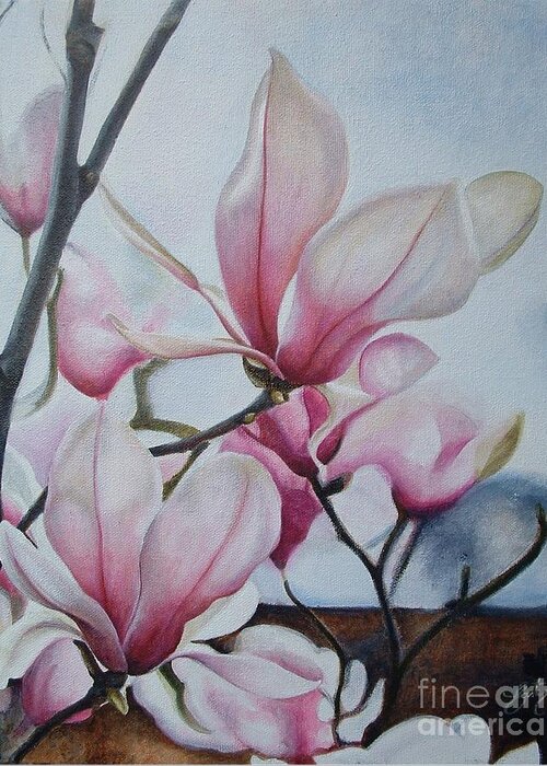 Flowers Greeting Card featuring the painting Magnolia Reach by Daniela Easter