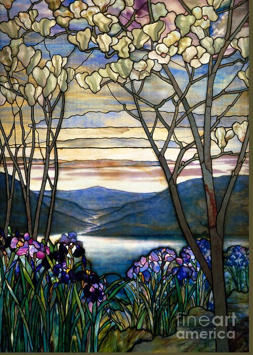 Magnolia Greeting Card featuring the glass art Magnolias and Irises by Louis Comfort Tiffany