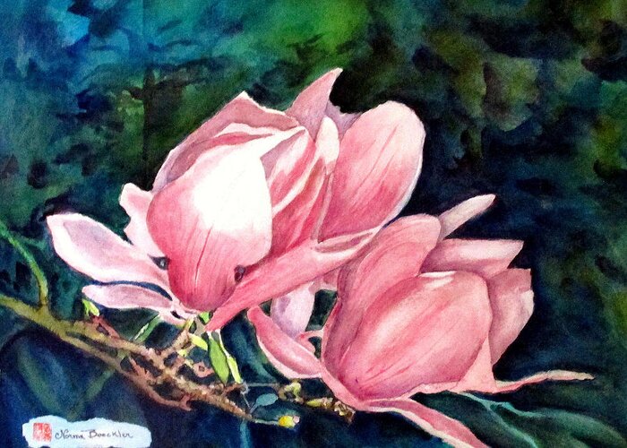 Magnolias Greeting Card featuring the painting Magnolias in Blue by Norma Boeckler