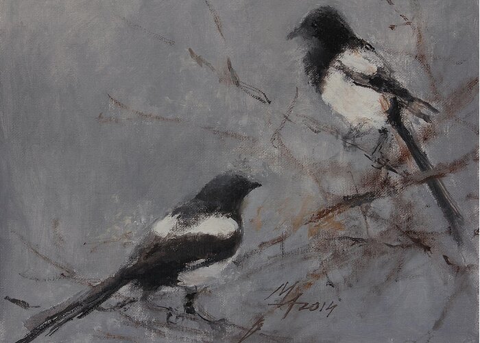 Magpie Greeting Card featuring the painting Magpies by Attila Meszlenyi
