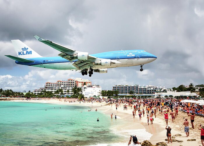 Boeing 747 With Four Engines Greeting Card featuring the photograph Maho Beach Caribbean island of St Maarten by Nick Mares