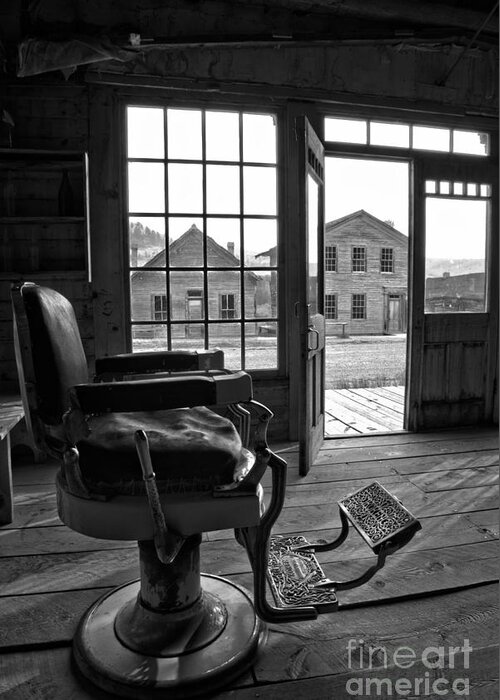 Barber Chair Greeting Card featuring the photograph Main Street Barber Chair Black And White by Adam Jewell