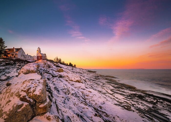 Maine Greeting Card featuring the photograph Maine Pemaquid Lighthouse in Winter Snow by Ranjay Mitra