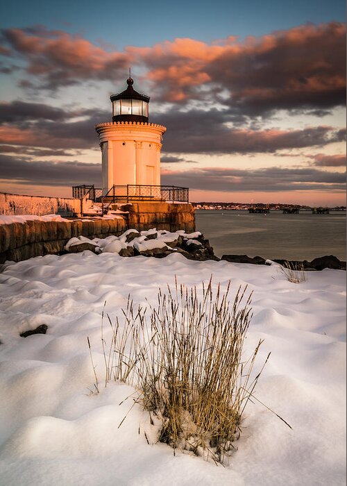 Maine Greeting Card featuring the photograph Maine Portland Bug Light Lighthouse Sunset by Ranjay Mitra