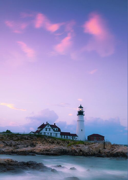 Maine Greeting Card featuring the photograph Maine Portland Headlight Lighthouse in Blue Hour by Ranjay Mitra