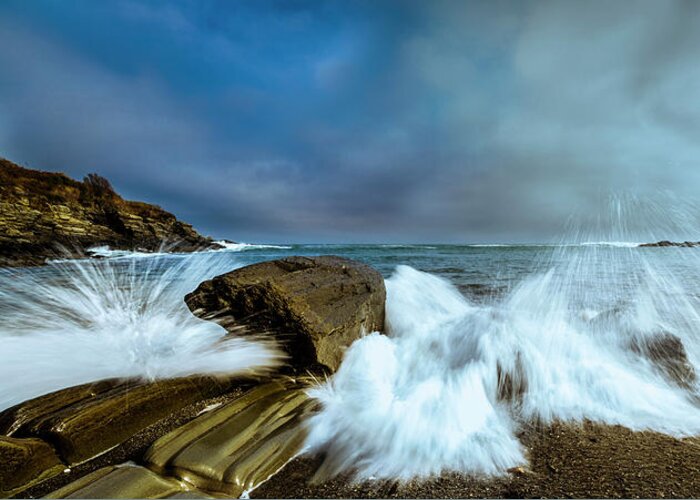 Maine Greeting Card featuring the photograph Maine Rocky Coast during Storm at Two Lights by Ranjay Mitra