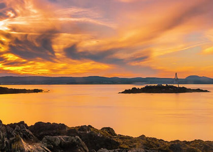 Maine Greeting Card featuring the photograph Maine Rocky Coastal Sunset in Penobscot Bay Panorama by Ranjay Mitra