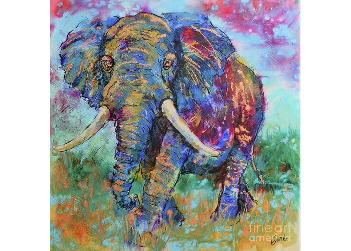 Elephant Greeting Card featuring the painting Majestic Elephant by Jyotika Shroff